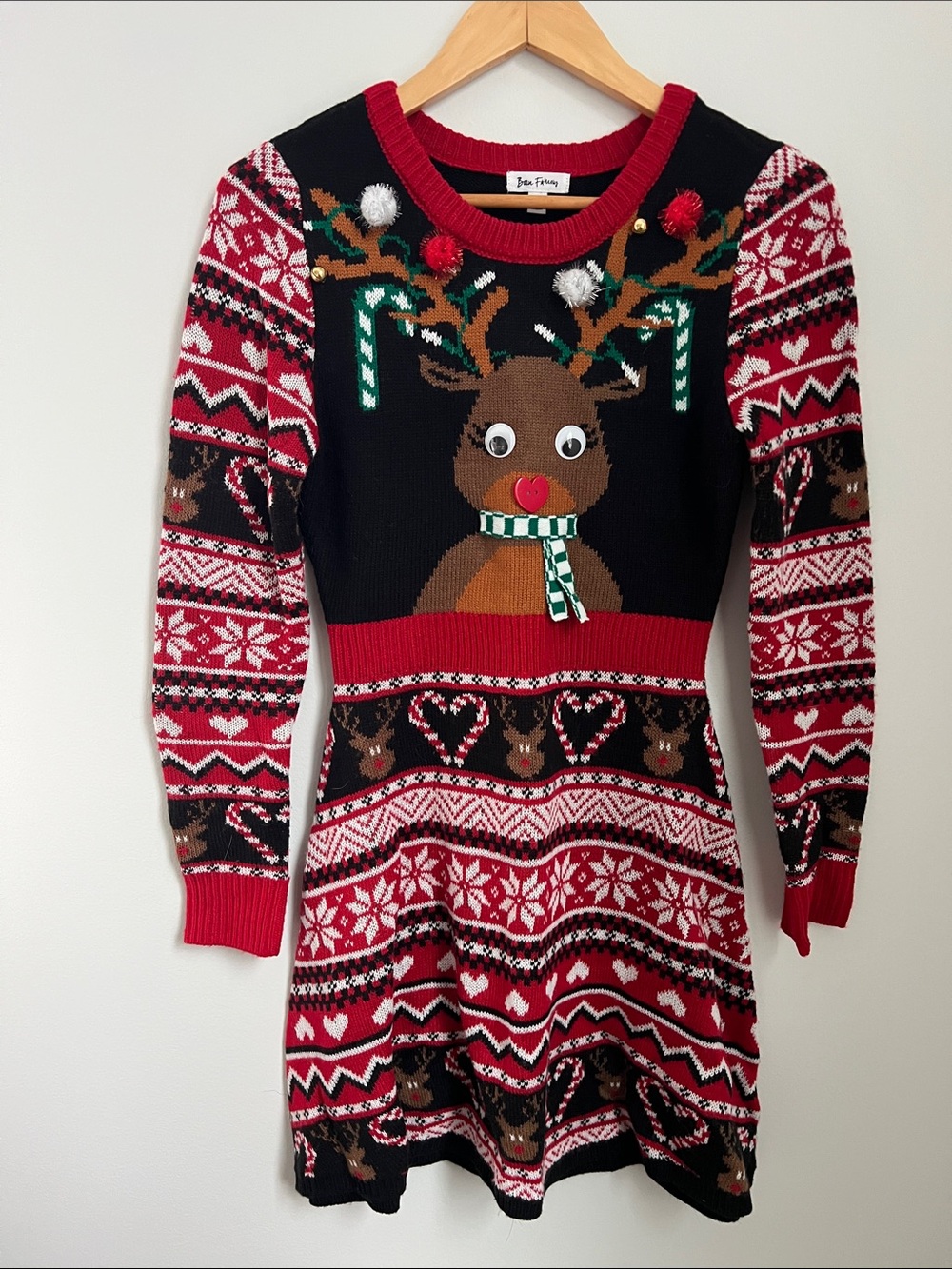 Born Famous | Women's Festive Reindeer Mini Dress in Red & Black Size S